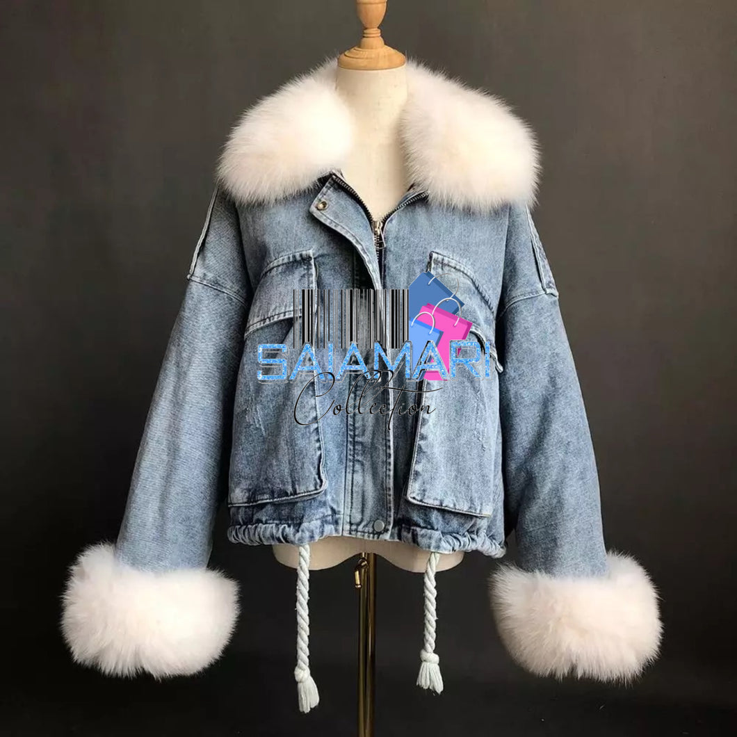 Shopping in Paris Denim Fur Coat